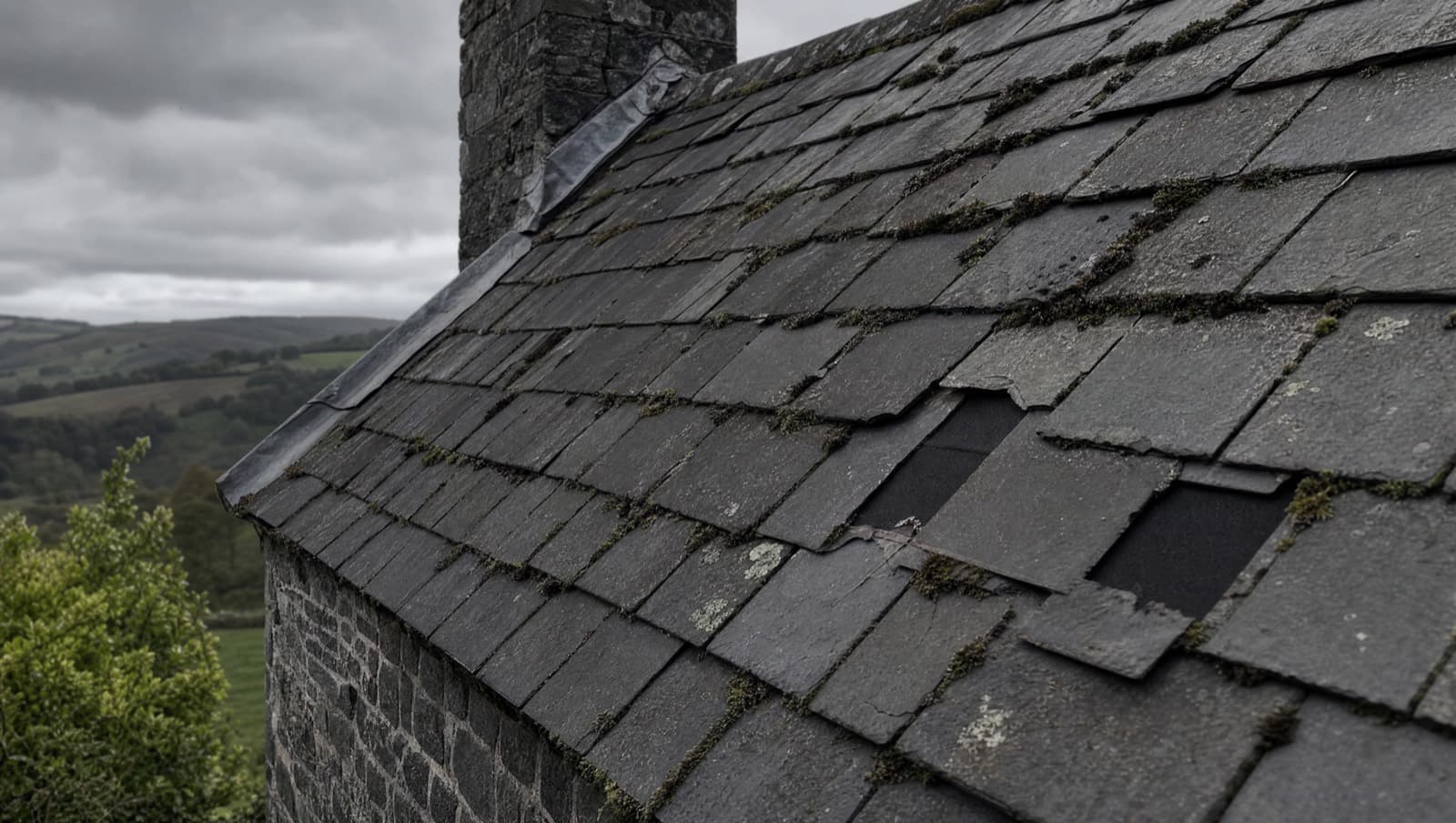 Damaged slate roof with slipped and missing tiles before repair
